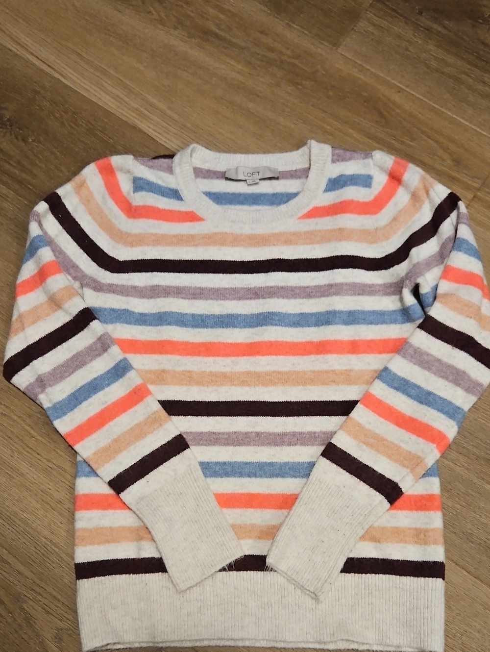 LOFT Striped Crewneck Sweater in Ivory with Coral, Blue & Brown Stripes
